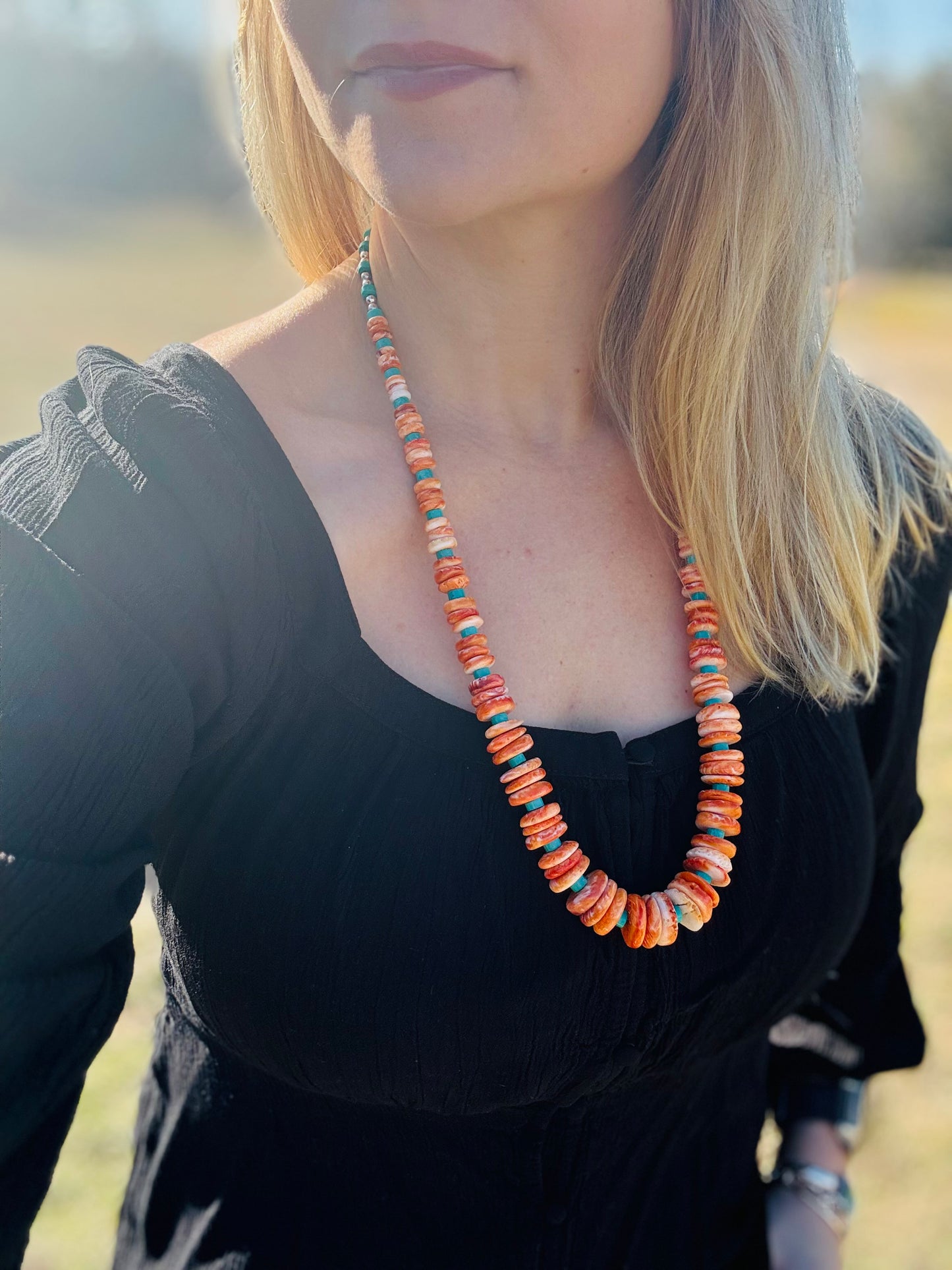 Spiny oyster and turquoise Heishi Beaded Necklace