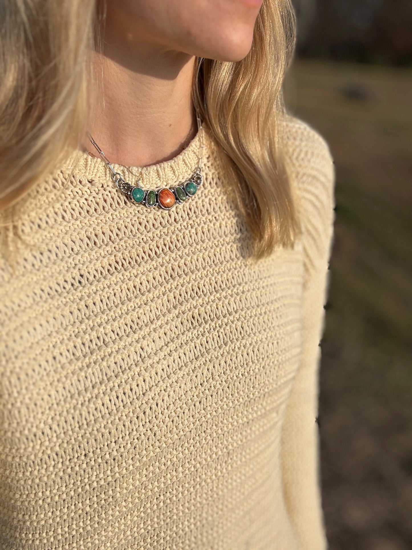 Spiny Oyster and Turquoise station necklace