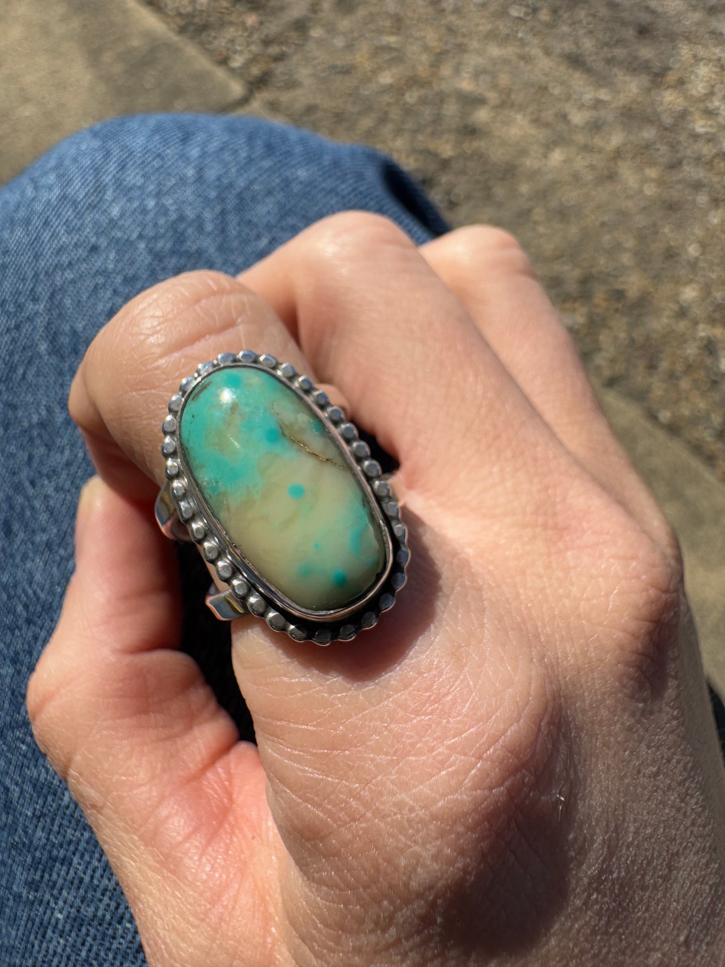Cream and Turquoise beaded wire ring size 7.5