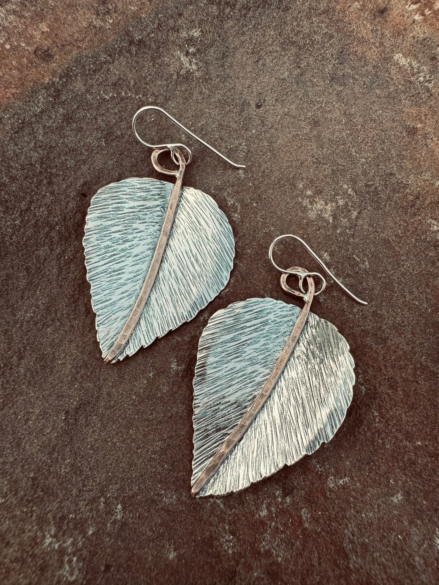 Sterling silver and Bronze textured Leaf Earrings