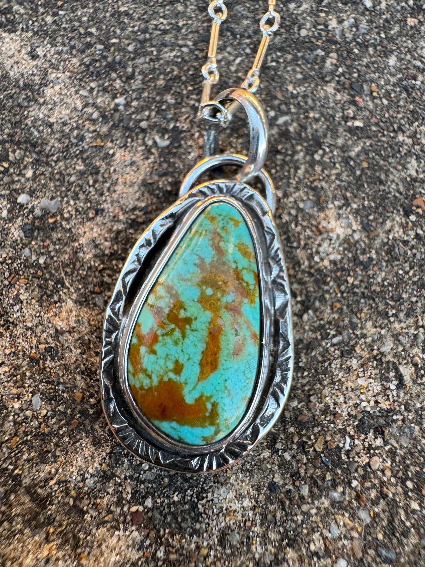 Shadowbox stamped turquoise pendant