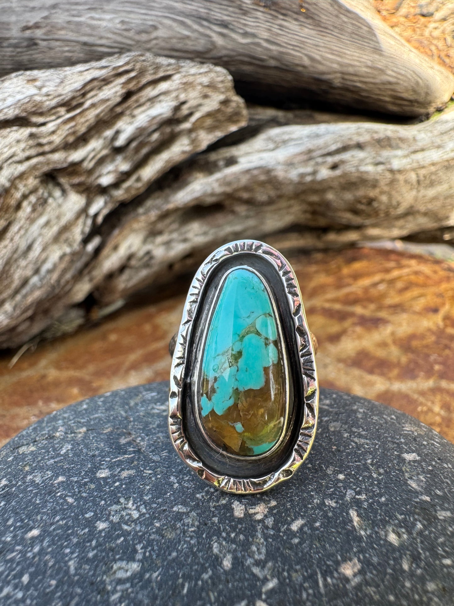 Hand stamped turquoise ring size 8
