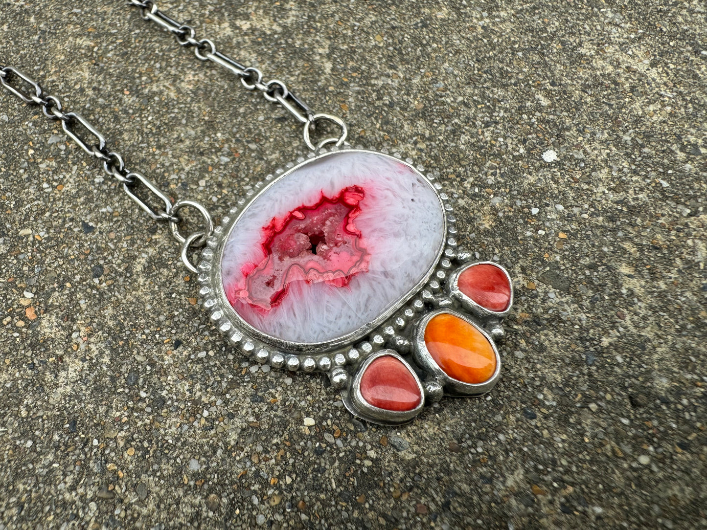 Hot pink and orange druse agate necklace