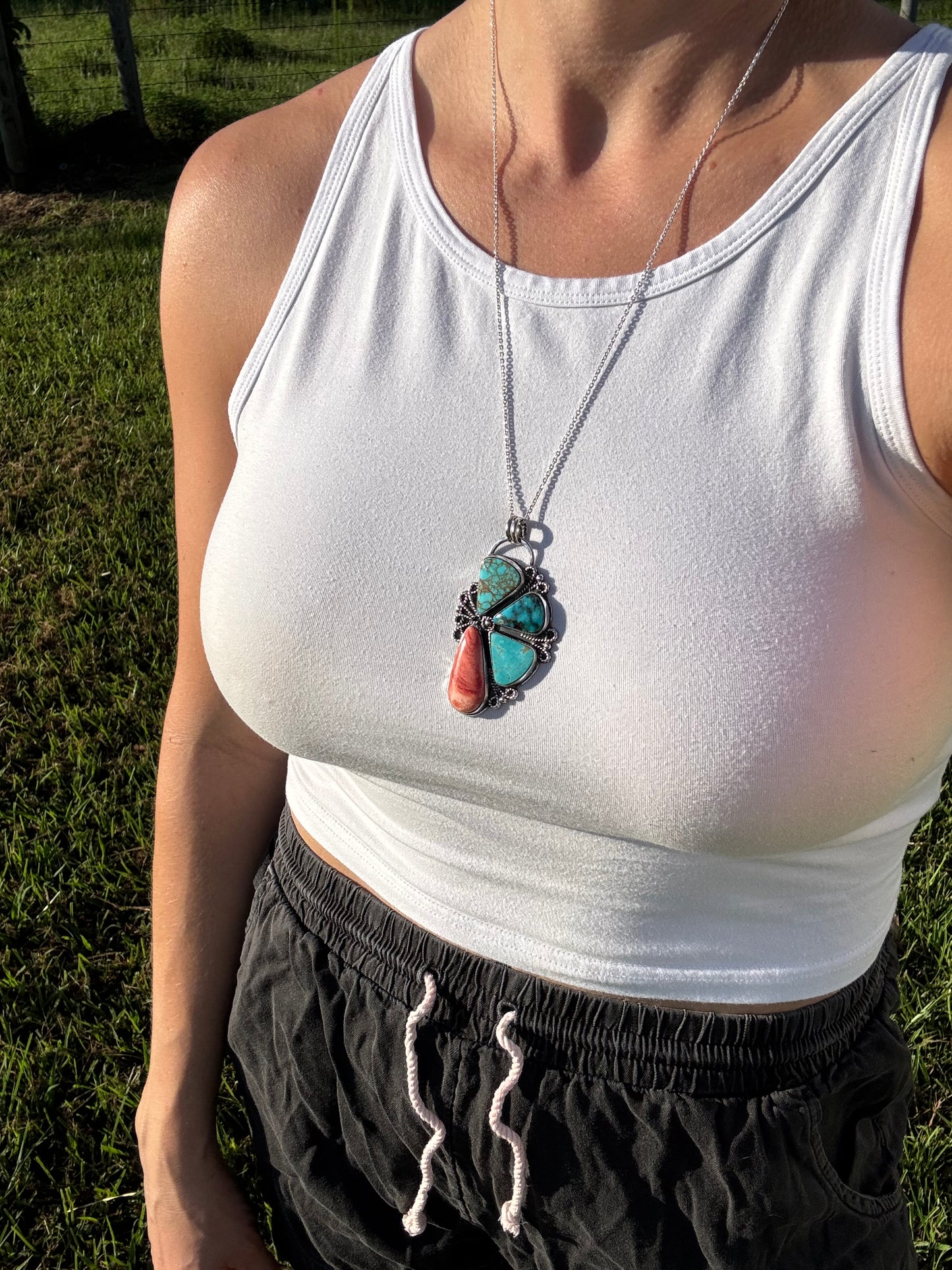 Blossom cluster Pendant with Turquoise and Spiny oyster shell