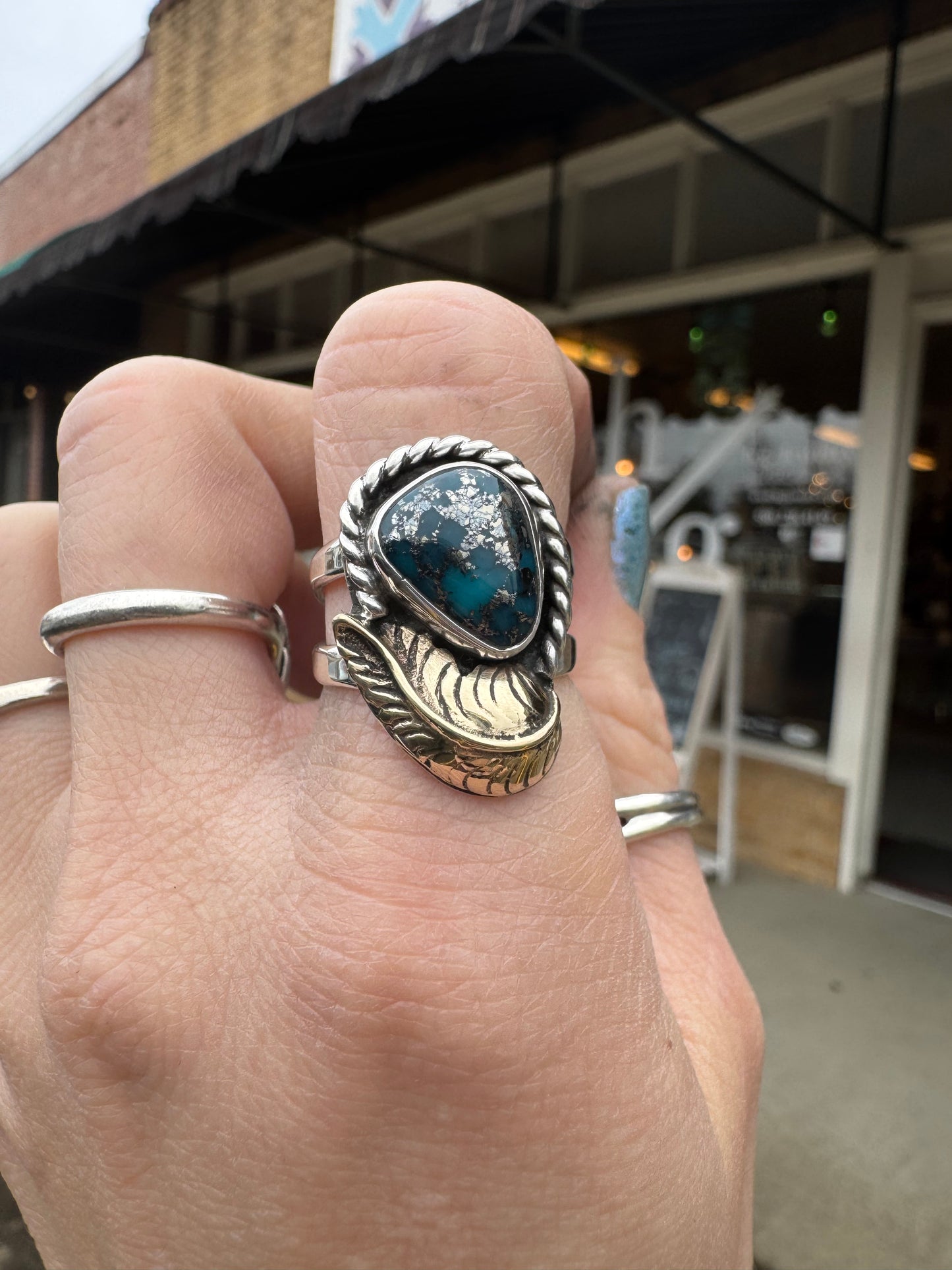 Pyrite Turquoise with Brass Feather Ring size 7