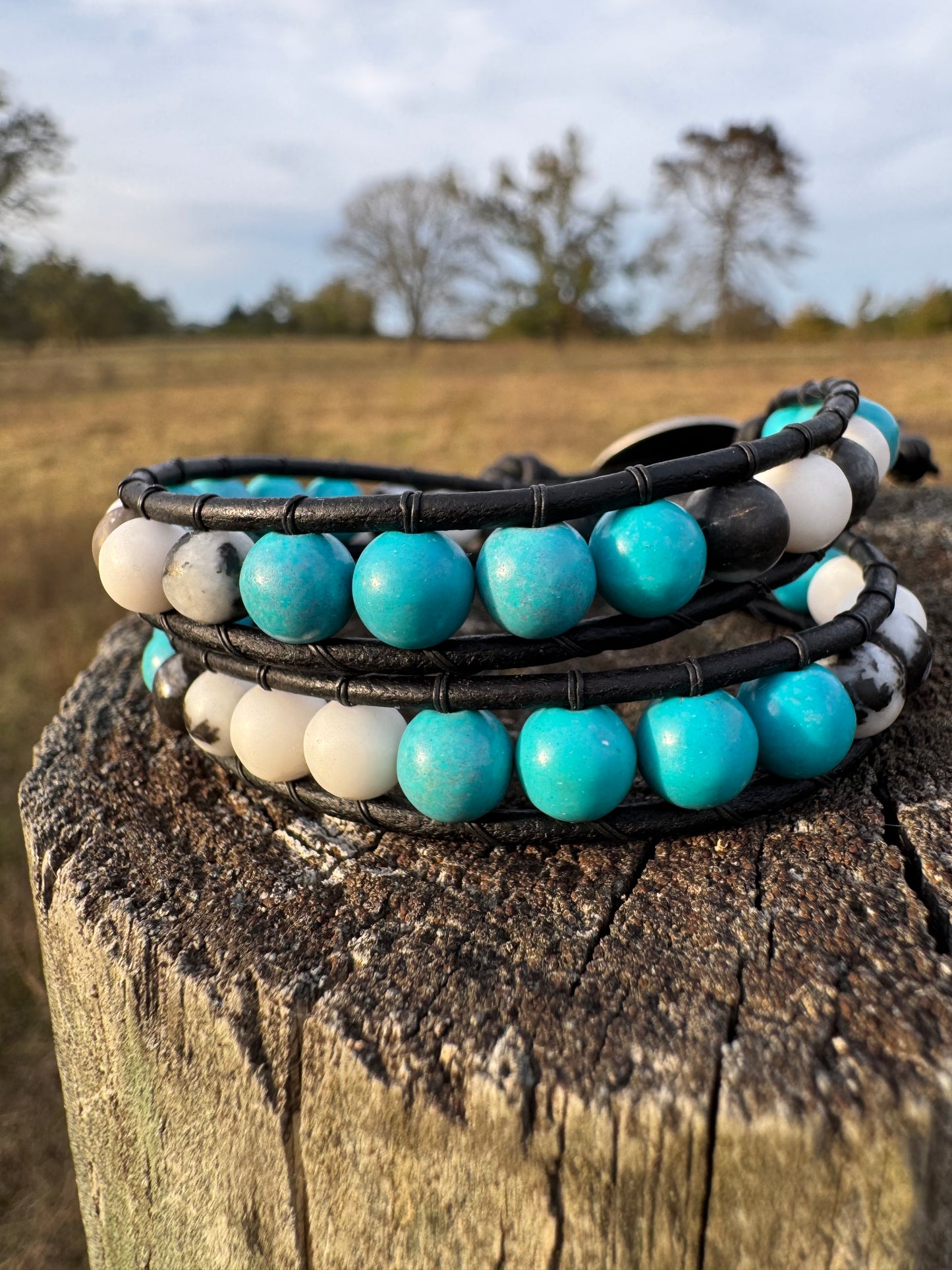 Turquoise, White and Black wrap bracelets