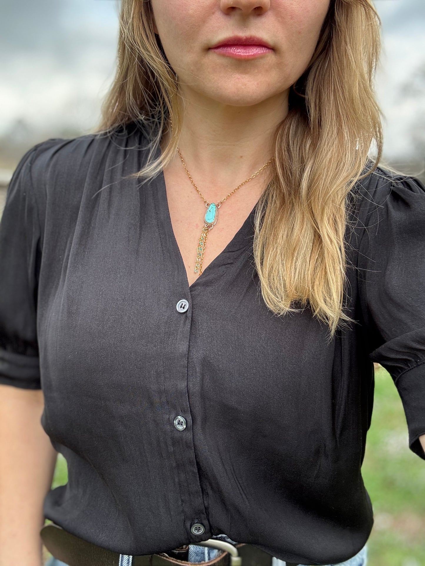 Yellow Gold Fill and sterling silver Turquoise Lariat Necklace