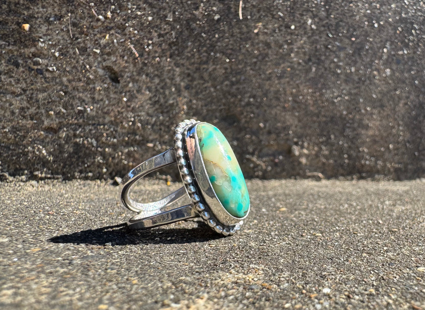 Cream and Turquoise beaded wire ring size 7.5