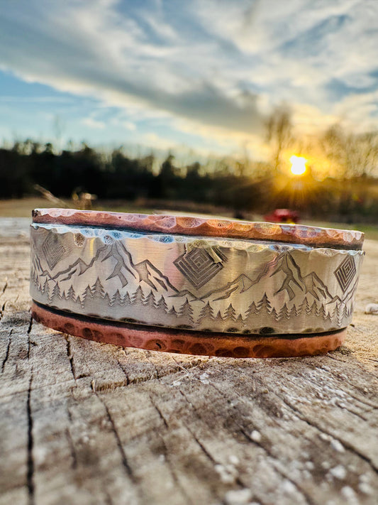 Sterling silver and Copper Mountain scene Cuff Bracelet