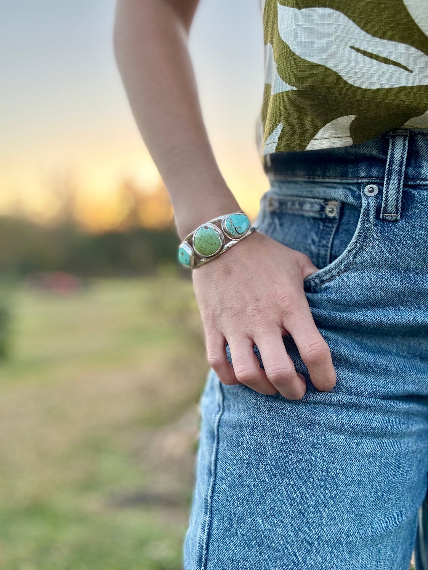Three stone Tyrone turquoise cuff bracelet