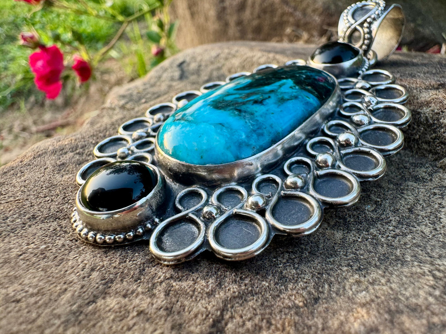 Blue Diamond Turquoise and Black Onyx Statement Pendant