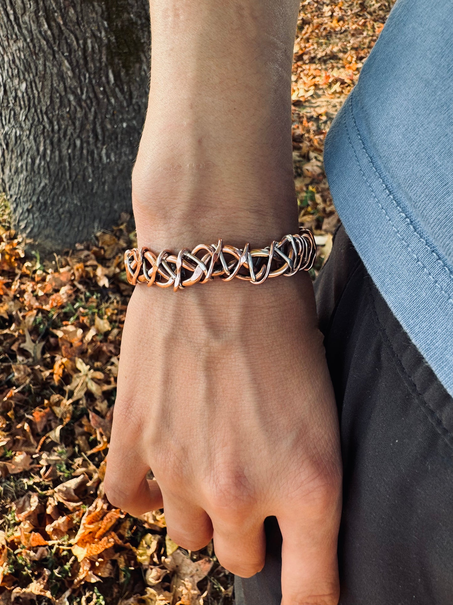 Twisted vines copper, sterling silver and brass cuff bracelet