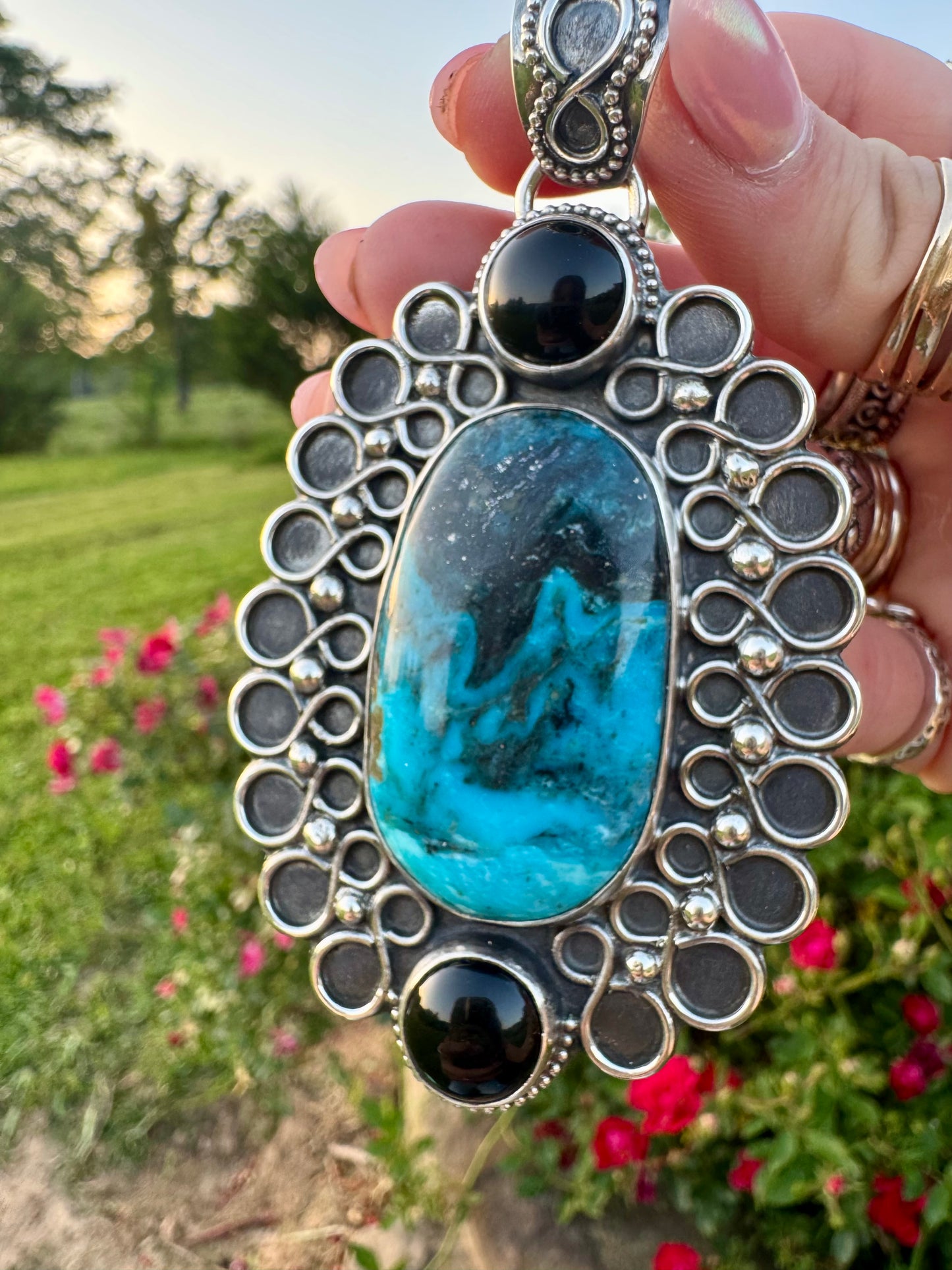 Blue Diamond Turquoise and Black Onyx Statement Pendant