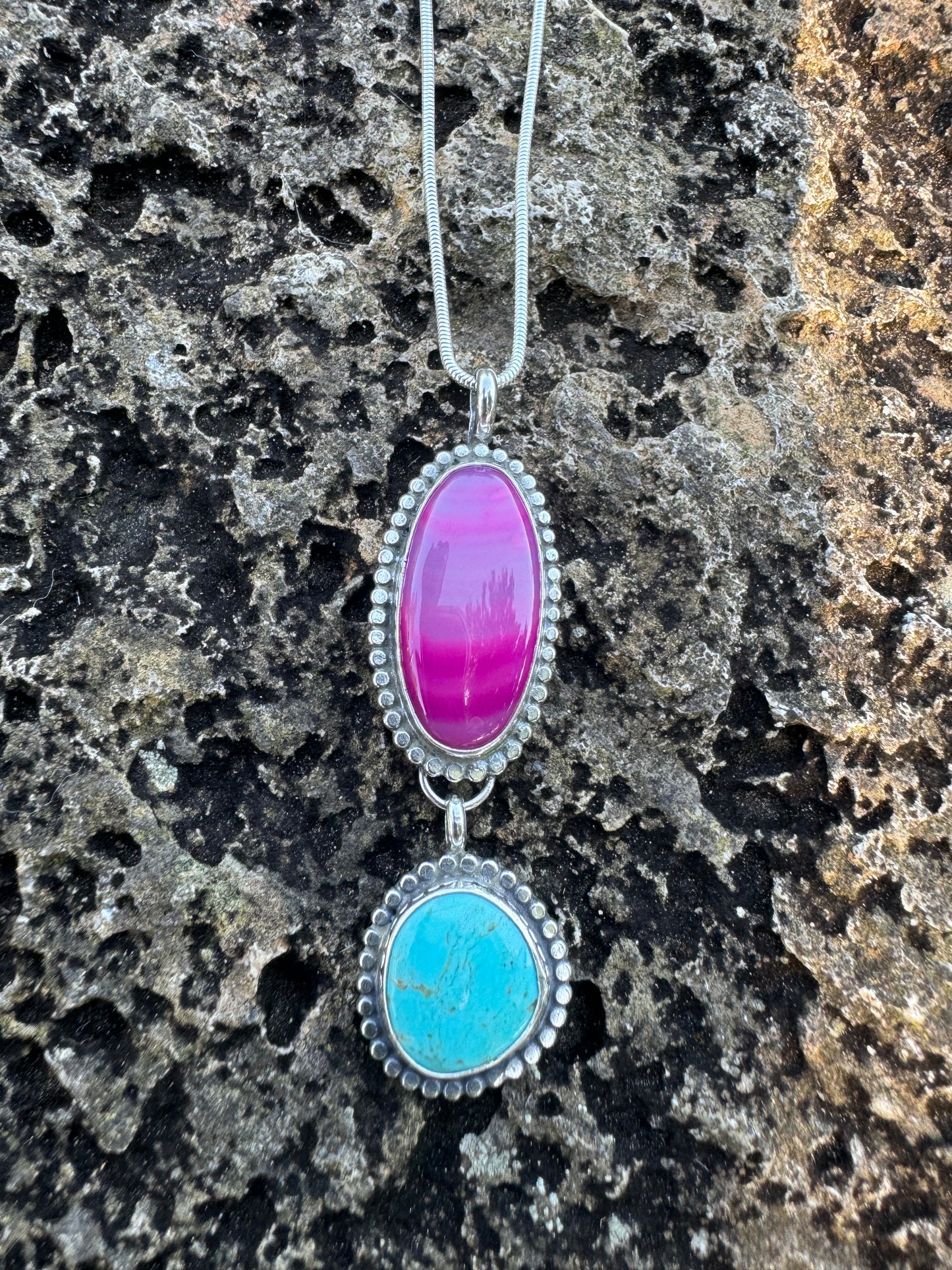 Pink agate and turquoise long pendant