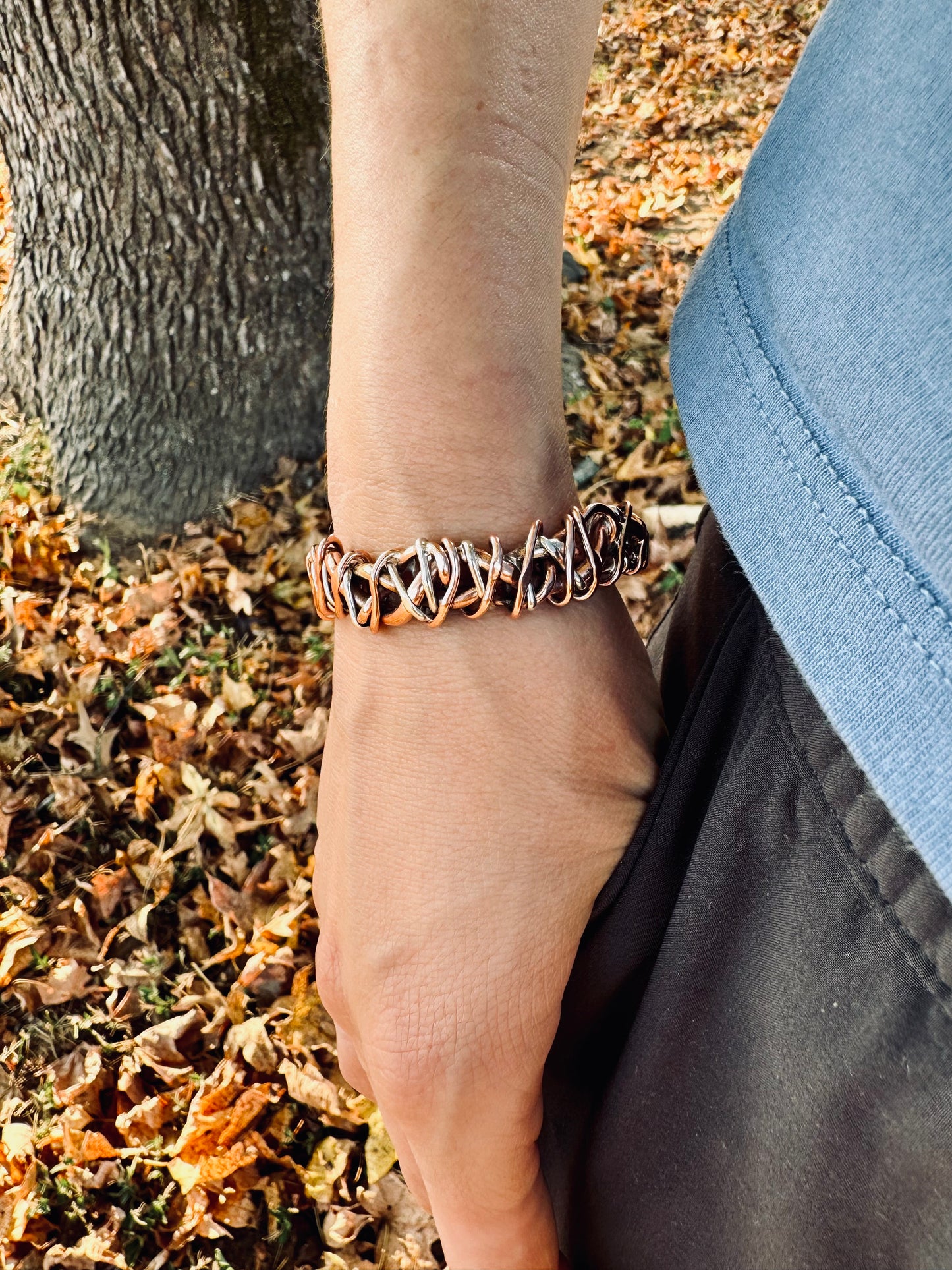 Twisted vines copper, sterling silver and brass cuff bracelet