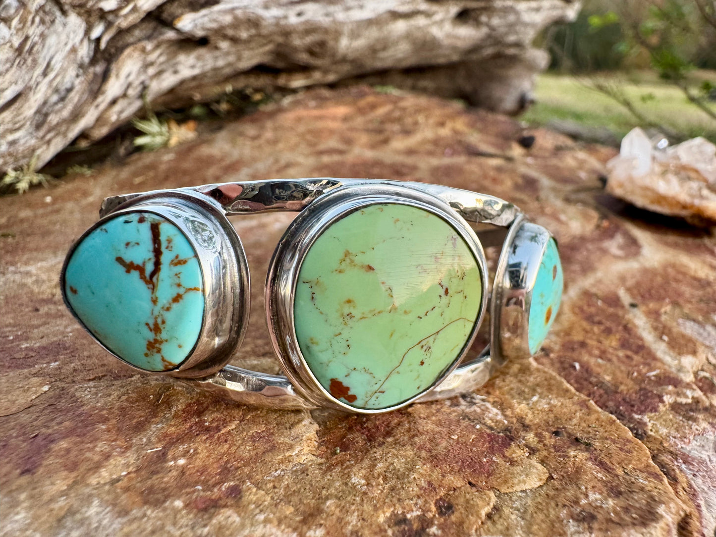 Three stone Tyrone turquoise cuff bracelet