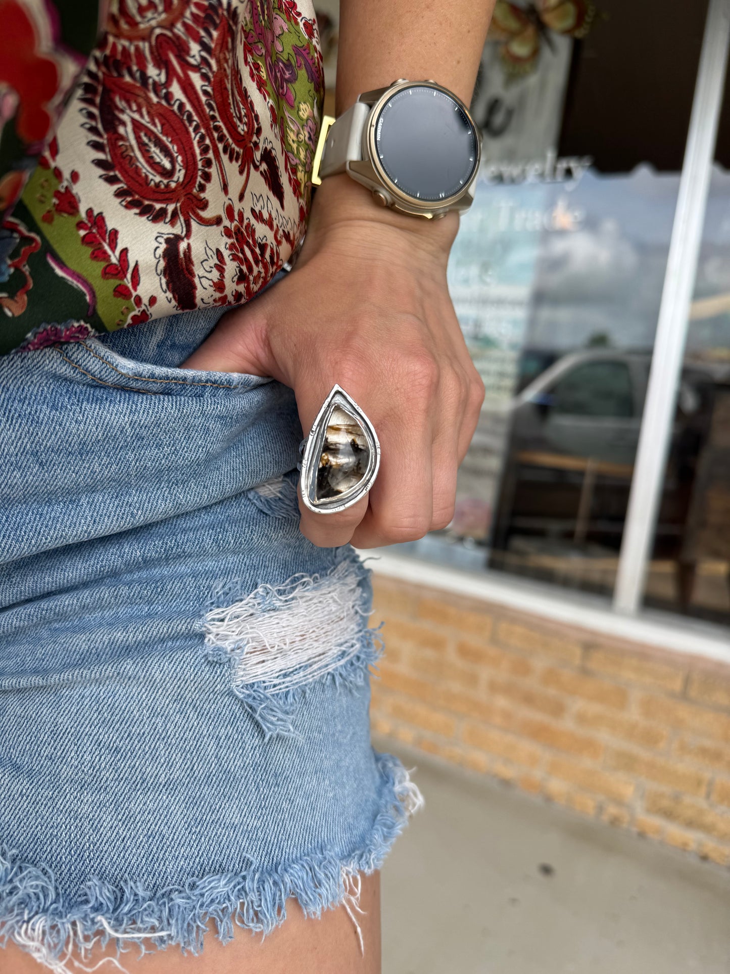 Dendritic Quartz statement ring size 9