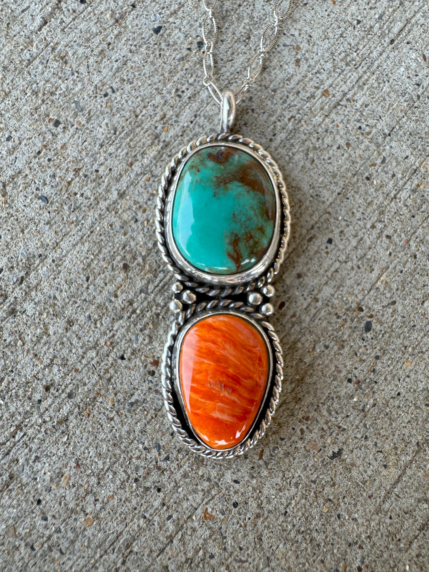 Spiny oyster shell and turquoise pendant