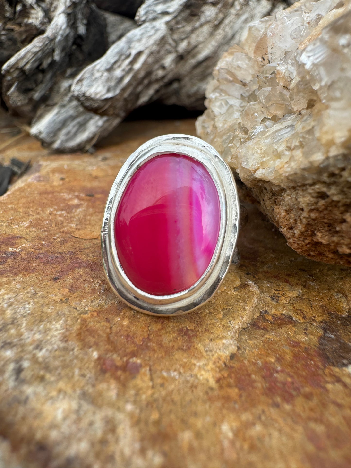 Fuschia pink agate ring size 9