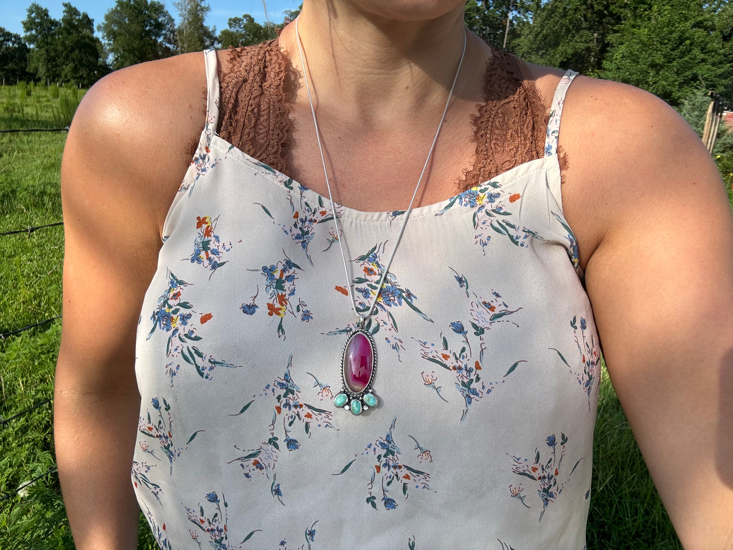 Fuchsia Pink Agate and Turquoise blossom pendant