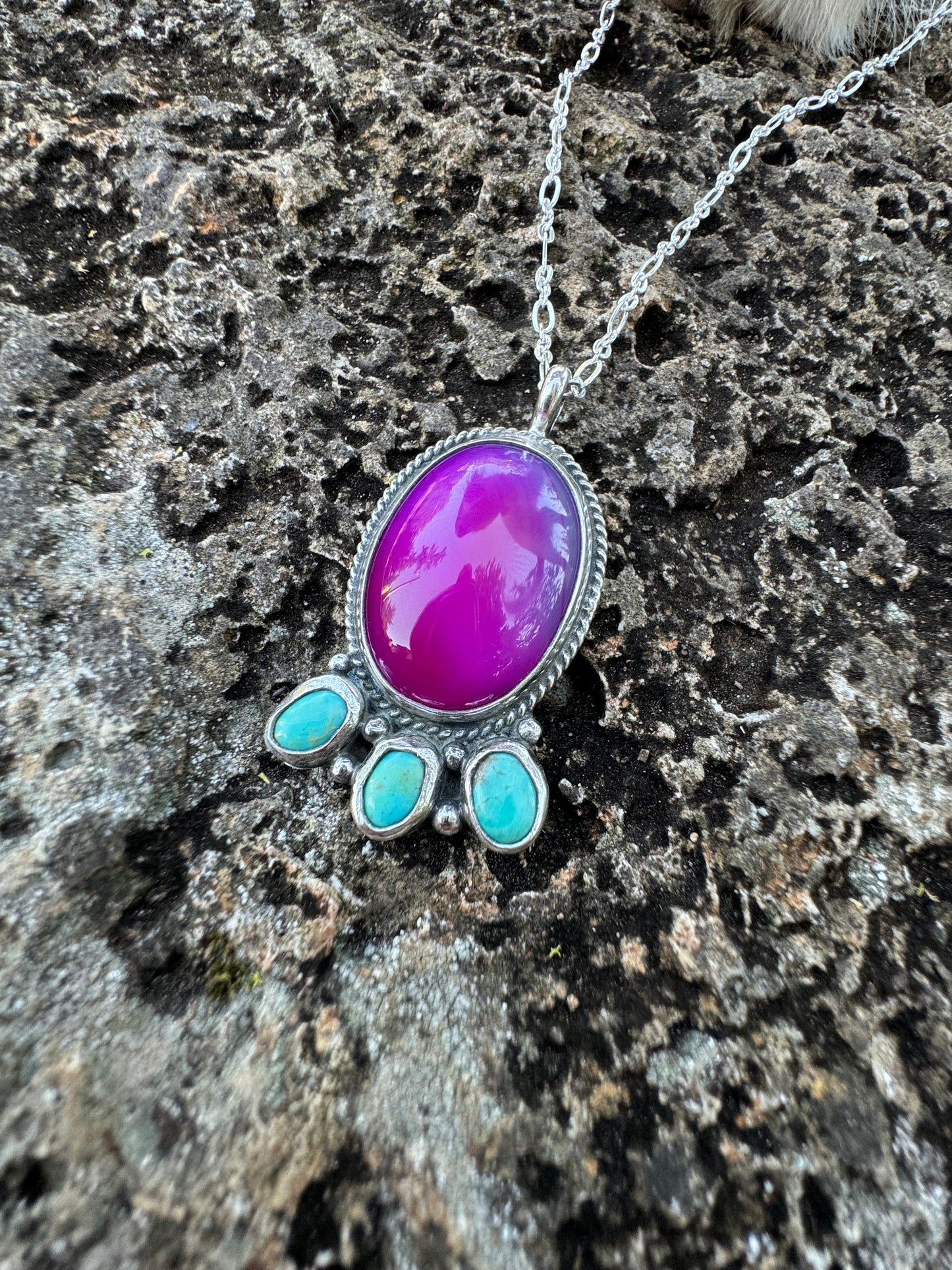 Pink agate and turquoise blossom pendant