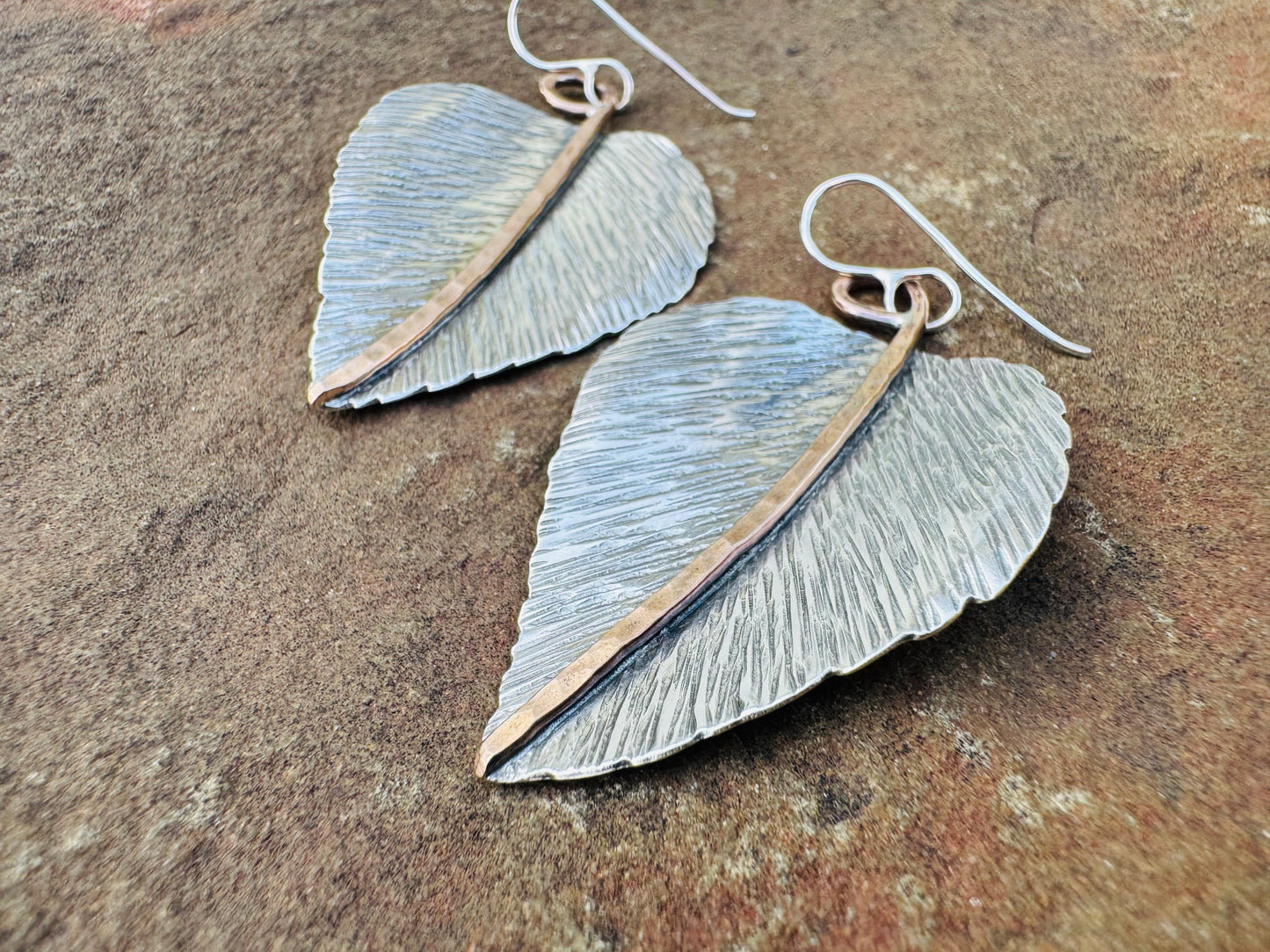 Sterling silver and Bronze textured Leaf Earrings