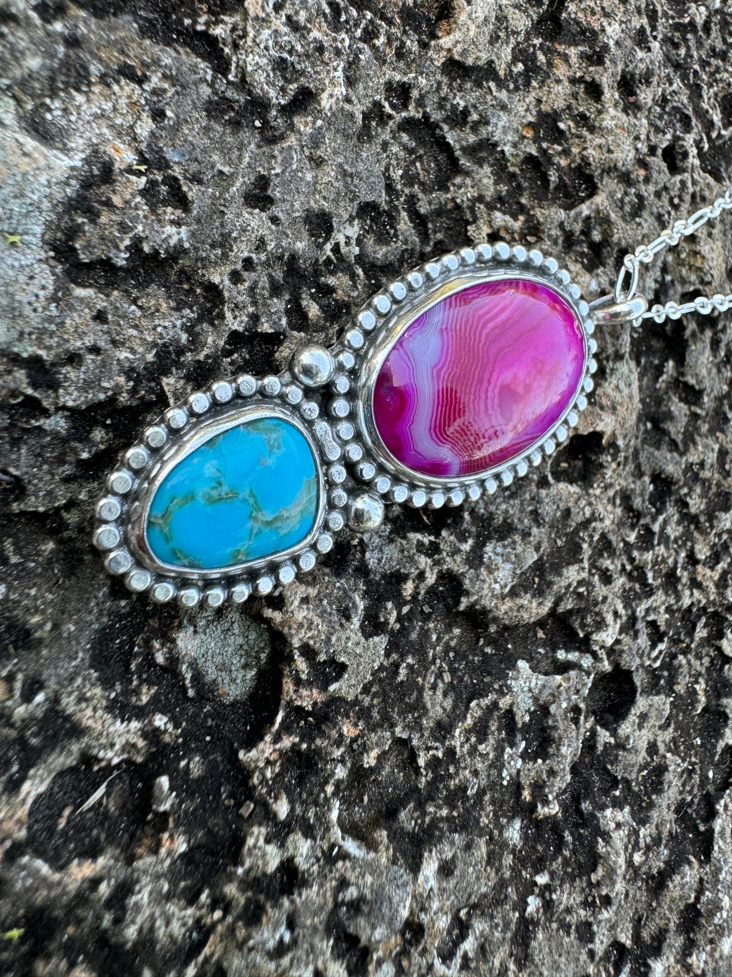 Pink agate and turquoise pendant