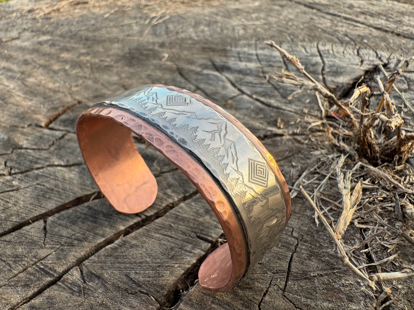 Sterling silver and Copper Mountain scene Cuff Bracelet