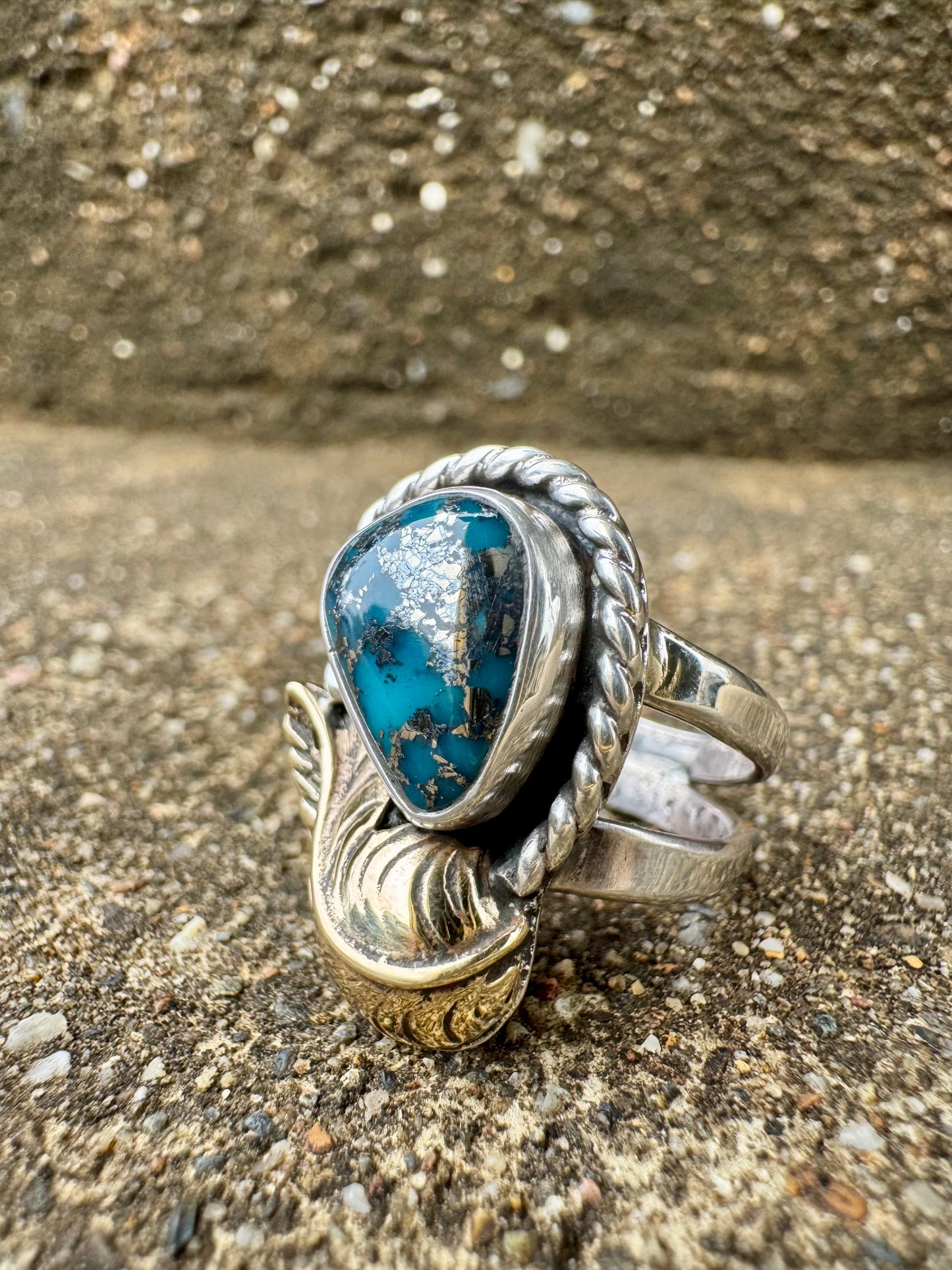 Pyrite Turquoise with Brass Feather Ring size 7