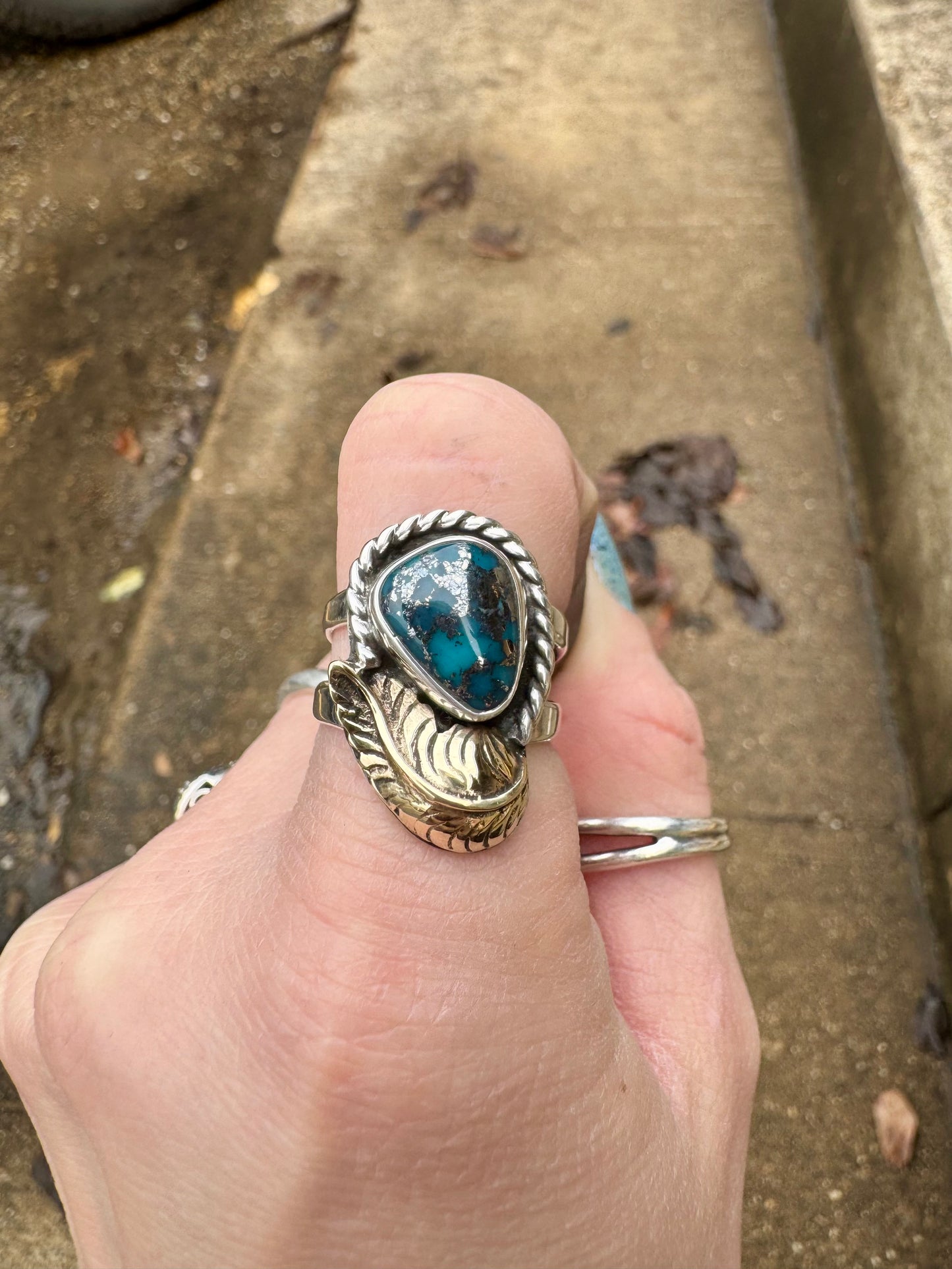 Pyrite Turquoise with Brass Feather Ring size 7