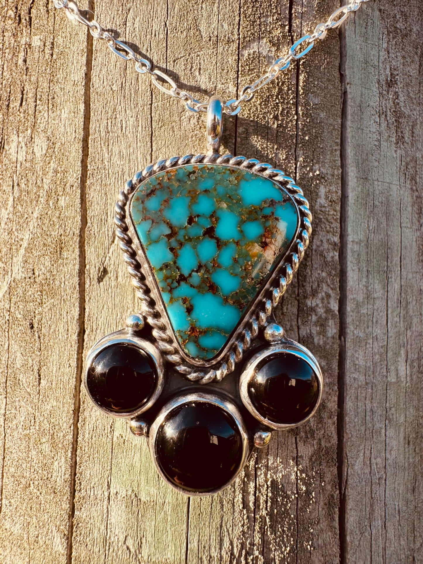 High Grade Spiderweb Kingman Turquoise and Black Onyx Necklace