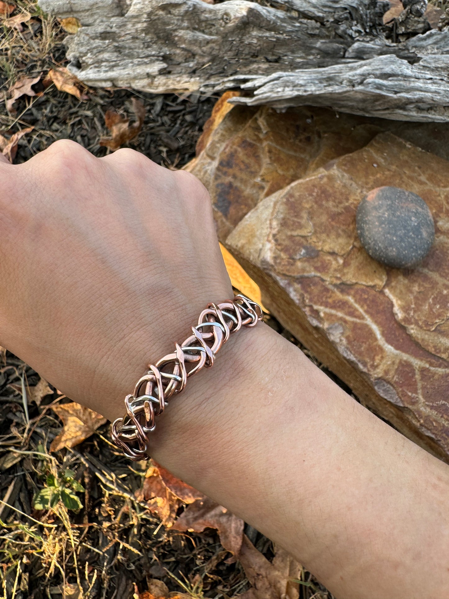 Twisted vines copper, sterling silver and brass cuff bracelet