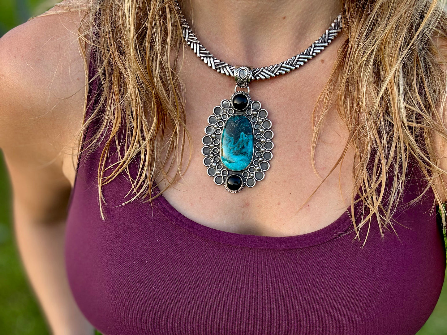 Blue Diamond Turquoise and Black Onyx Statement Pendant