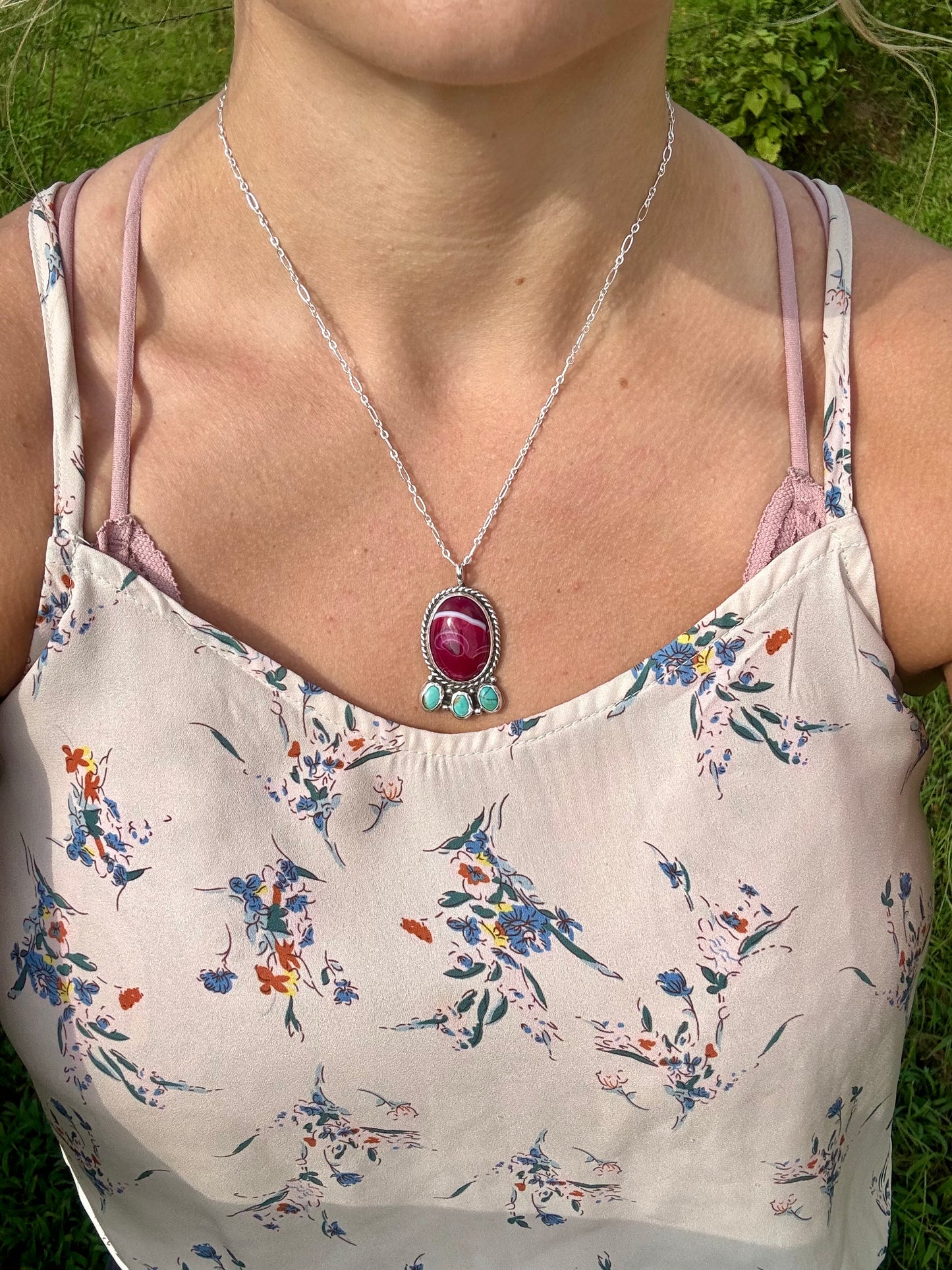 Pink agate and turquoise blossom pendant