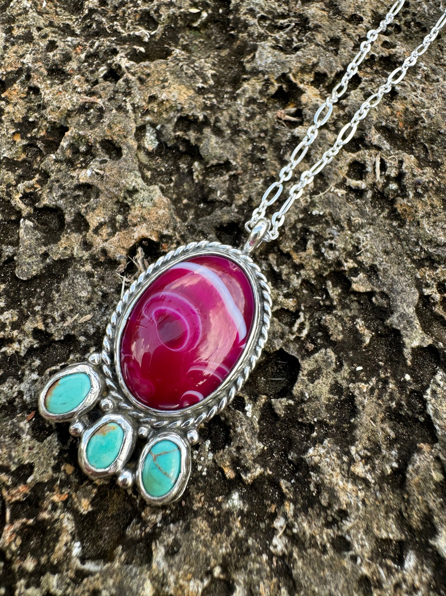 Pink agate and turquoise blossom pendant