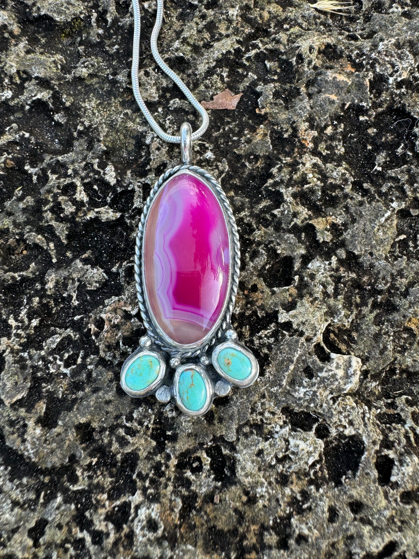 Fuchsia Pink Agate and Turquoise blossom pendant