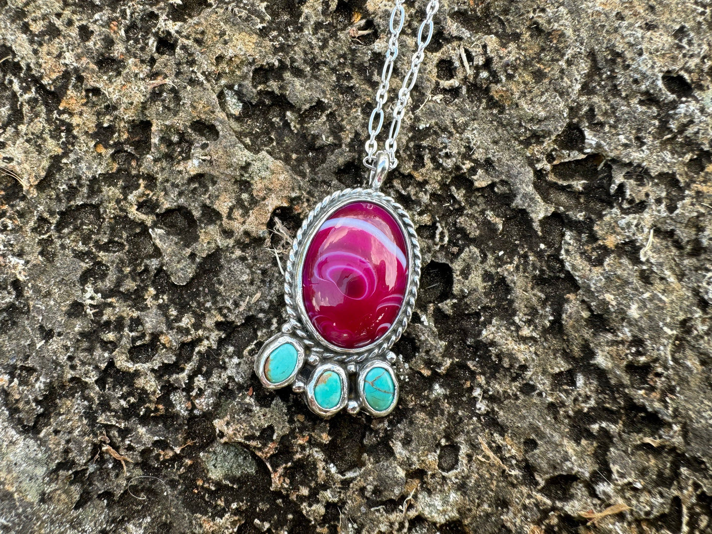 Pink agate and turquoise blossom pendant