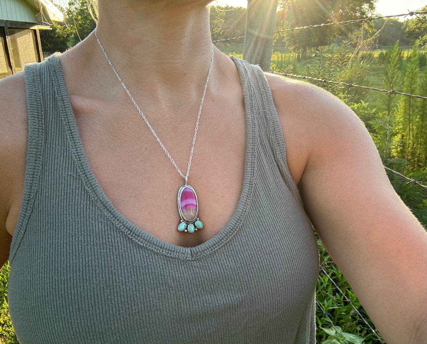 Pink agate and turquoise blossom necklace