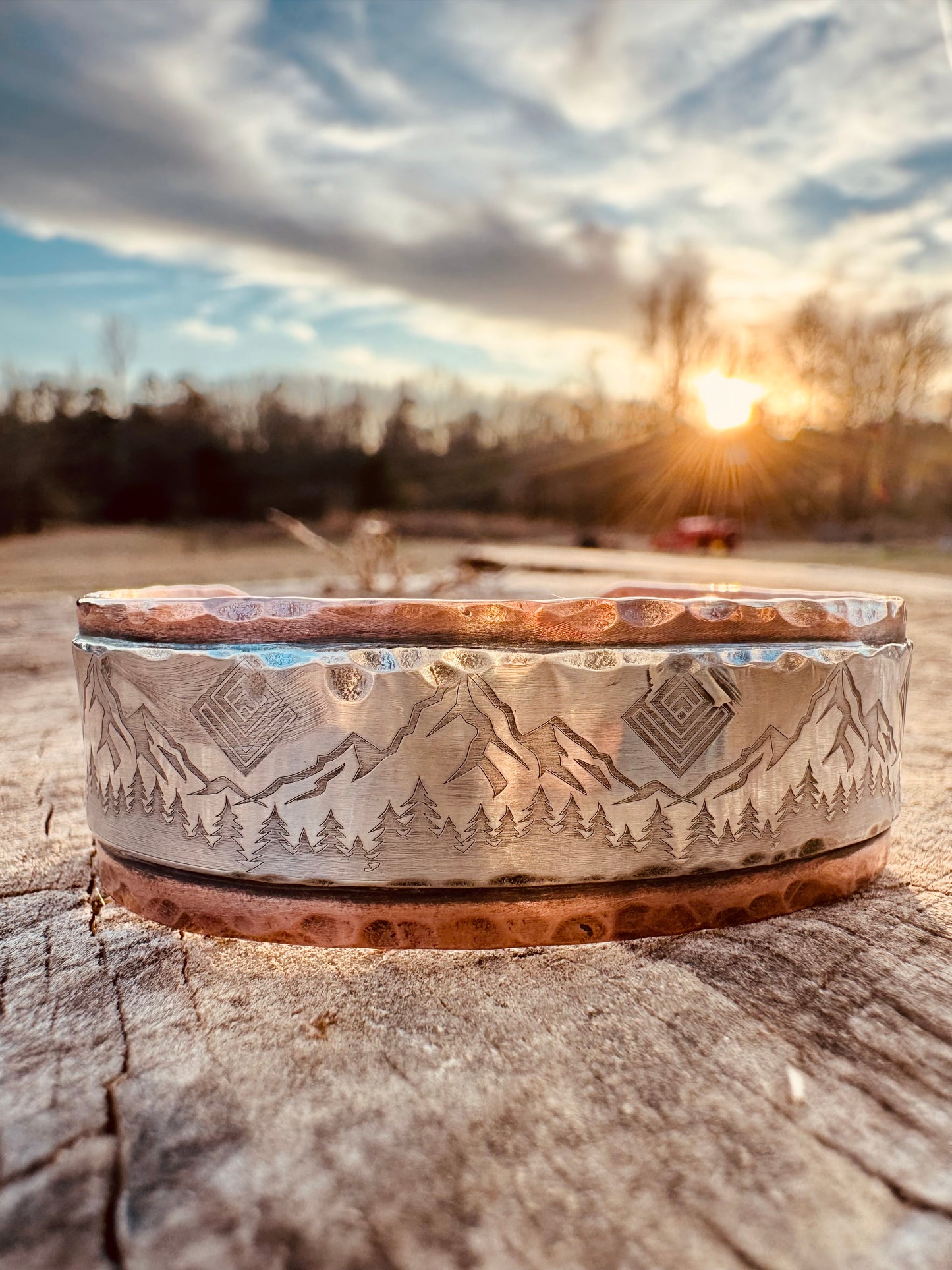 Sterling silver and Copper Mountain scene Cuff Bracelet