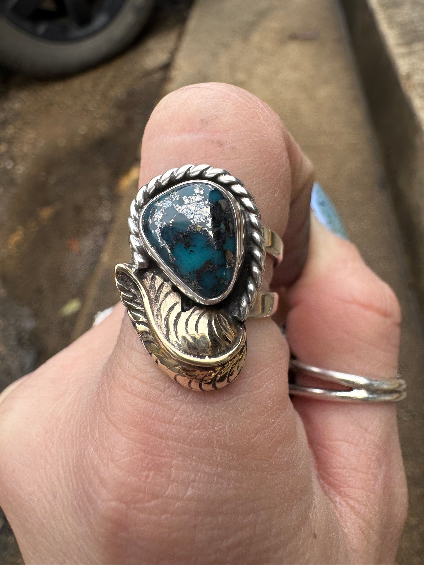 Pyrite Turquoise with Brass Feather Ring size 7