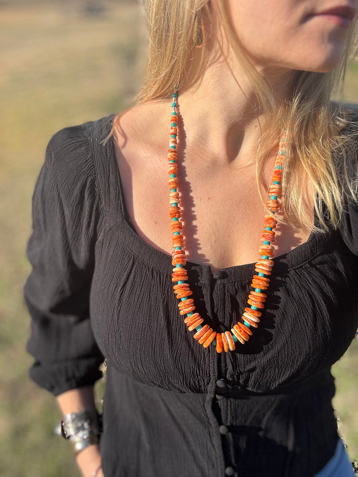 Spiny oyster and turquoise Heishi Beaded Necklace
