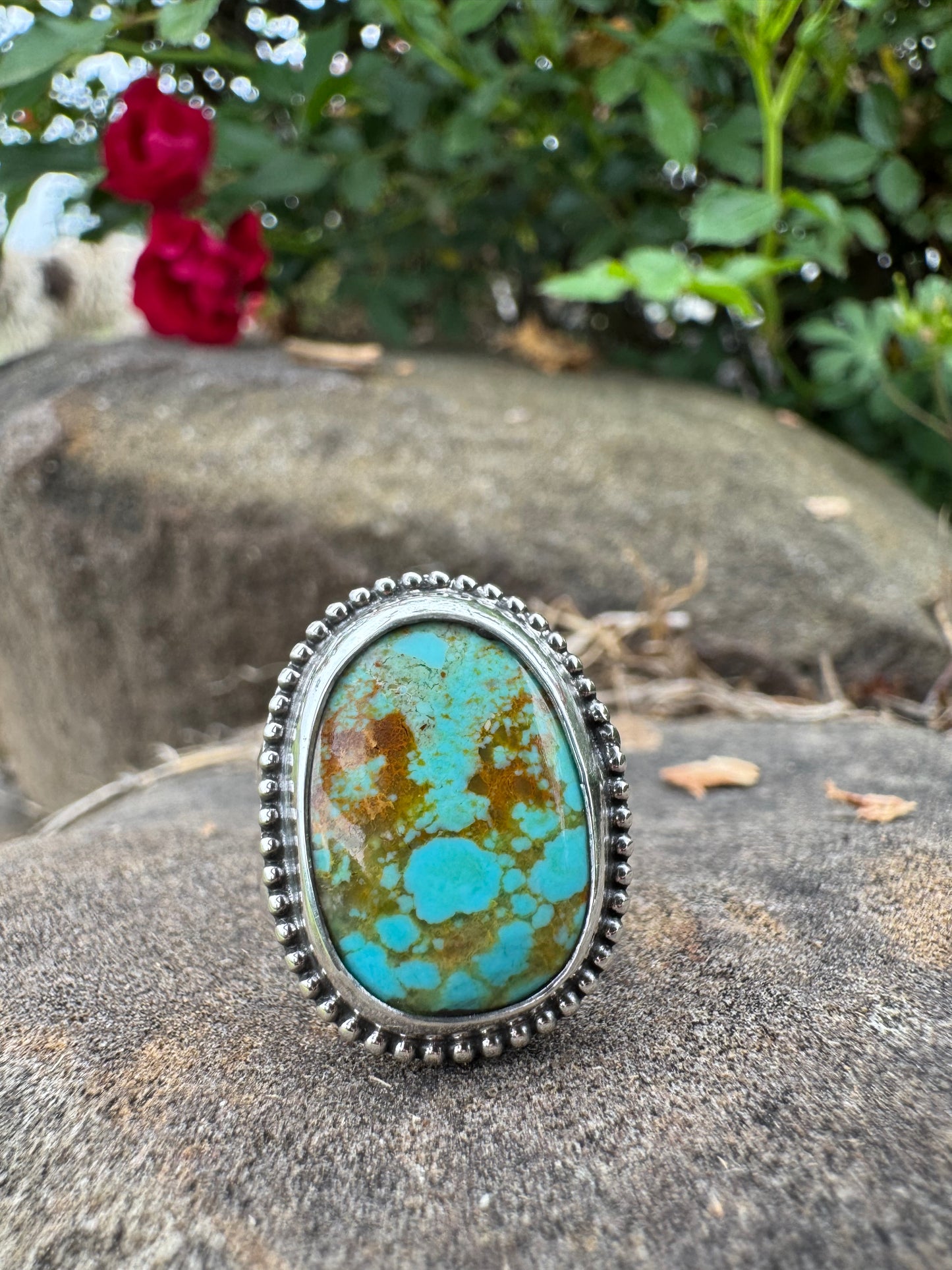 Beaded detail Brown Matrix Tyrone turquoise ring size 7.5