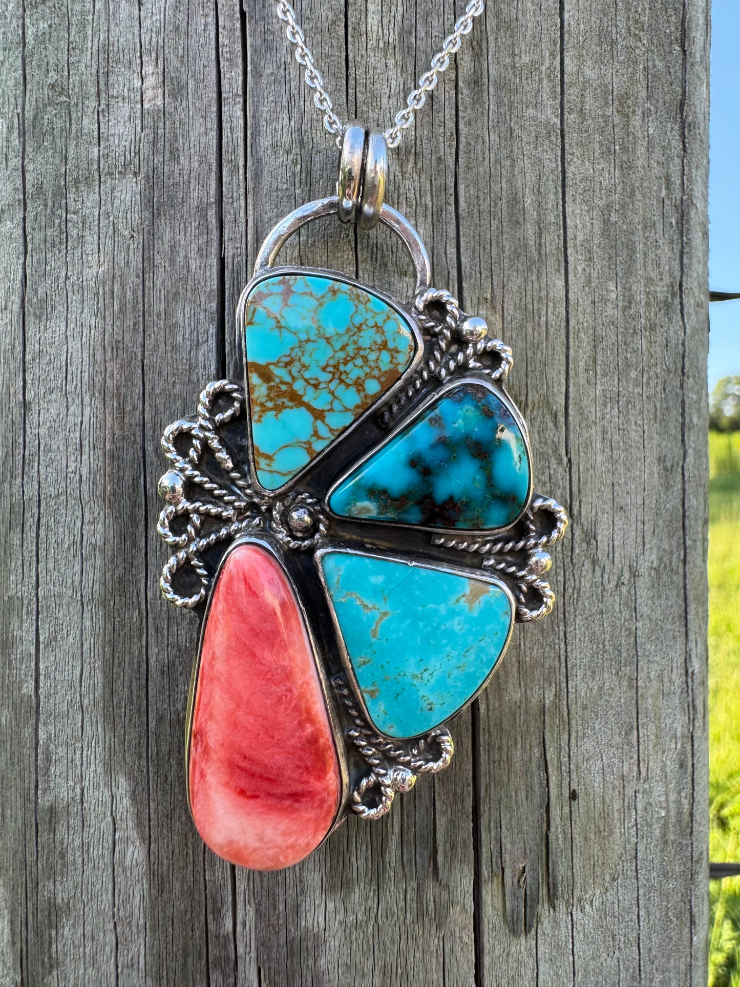 Blossom cluster Pendant with Turquoise and Spiny oyster shell