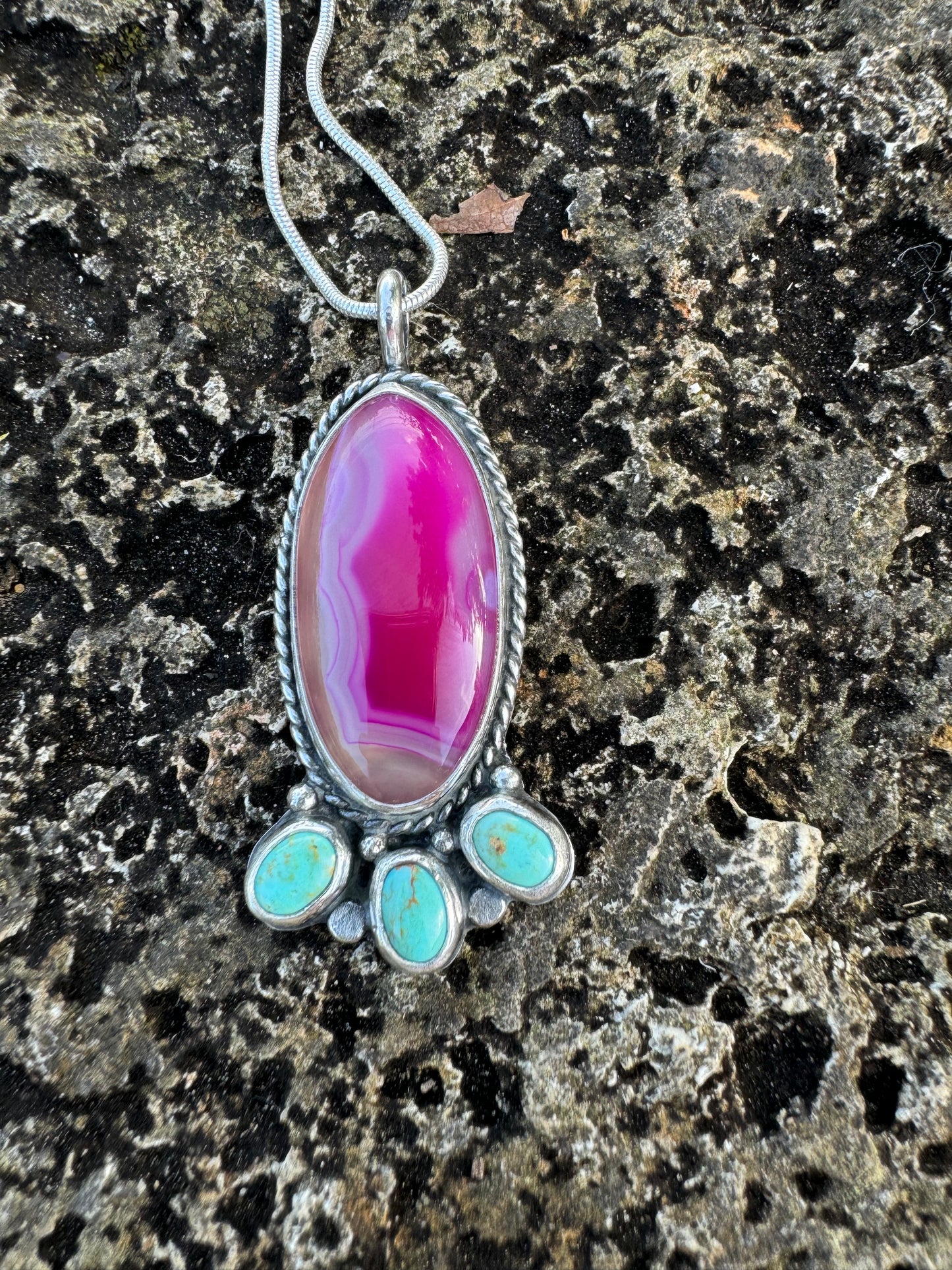 Fuchsia Pink Agate and Turquoise blossom pendant