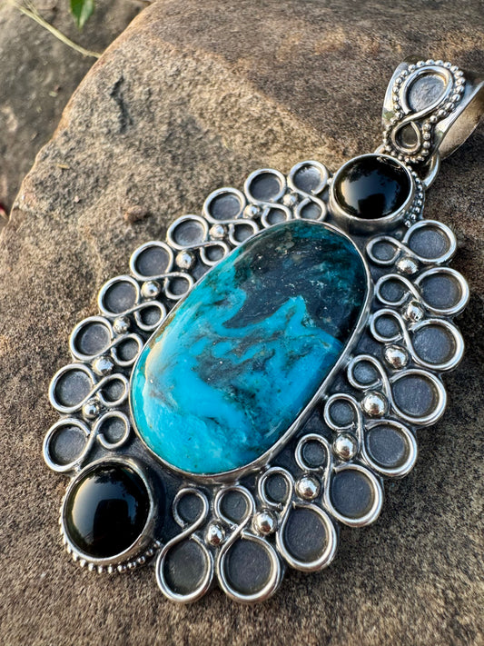 Blue Diamond Turquoise and Black Onyx Statement Pendant