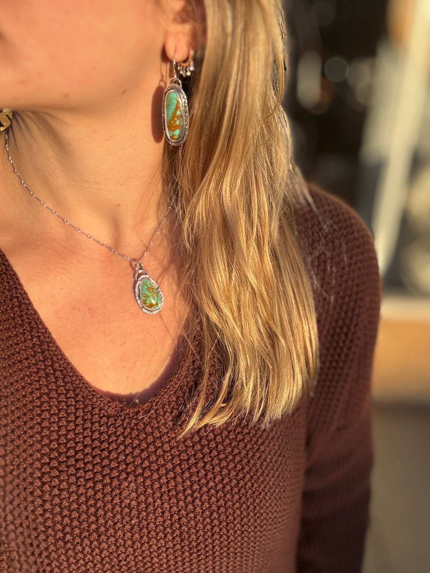 Shadowbox stamped turquoise pendant