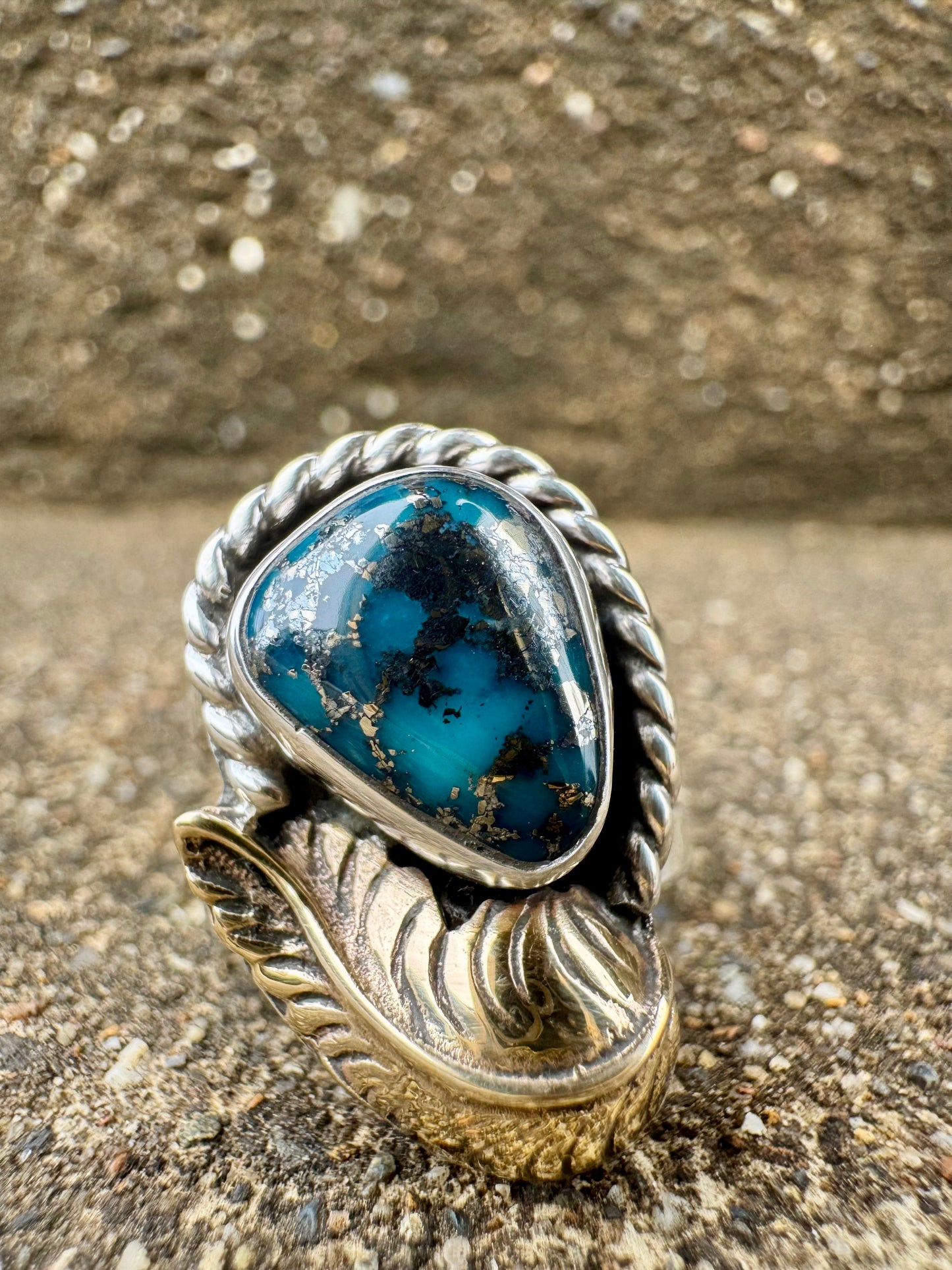 Pyrite Turquoise with Brass Feather Ring size 7