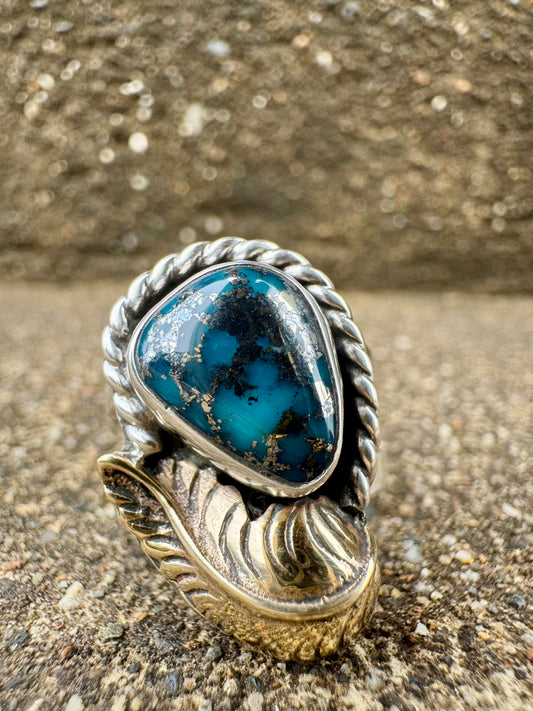 Pyrite Turquoise with Brass Feather Ring size 7