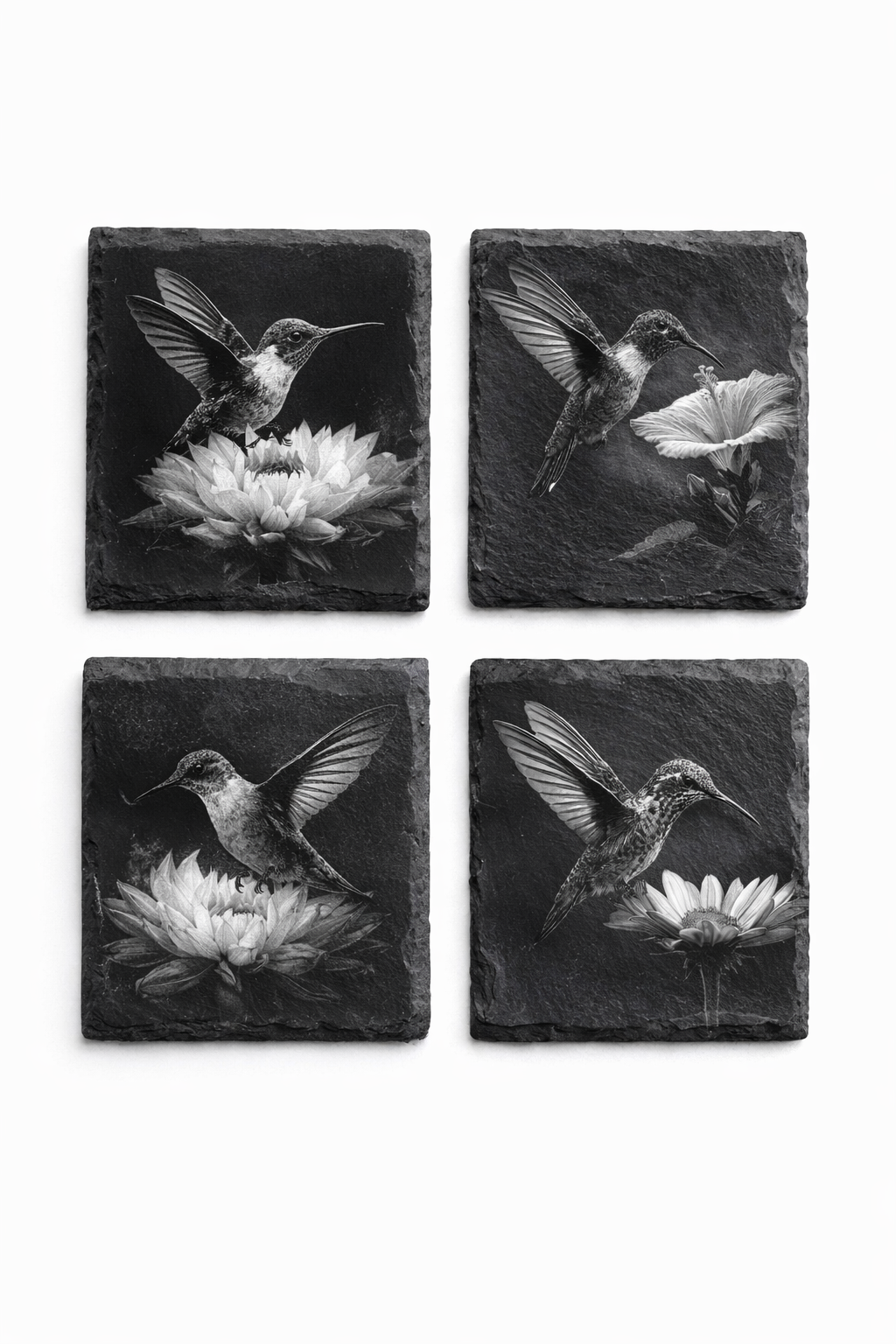 Engraved Slate Coasters, Hummingbird Design, Set of 4 w/ Stand