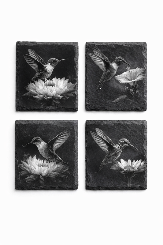 Engraved Slate Coasters, Hummingbird Design, Set of 4 w/ Stand